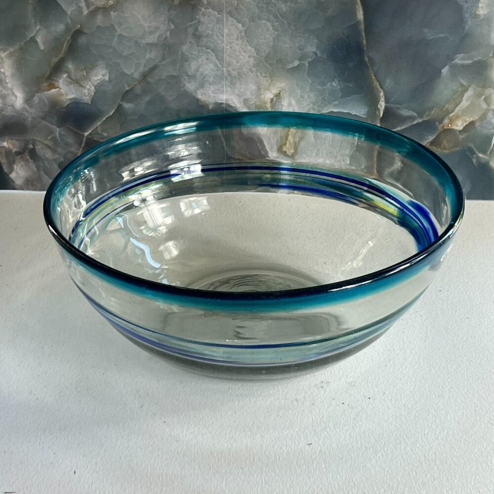 Mexican Hand Blown Art Large Bowl 4"x 10" Wide Blue Green Aqua Stripes Artisan